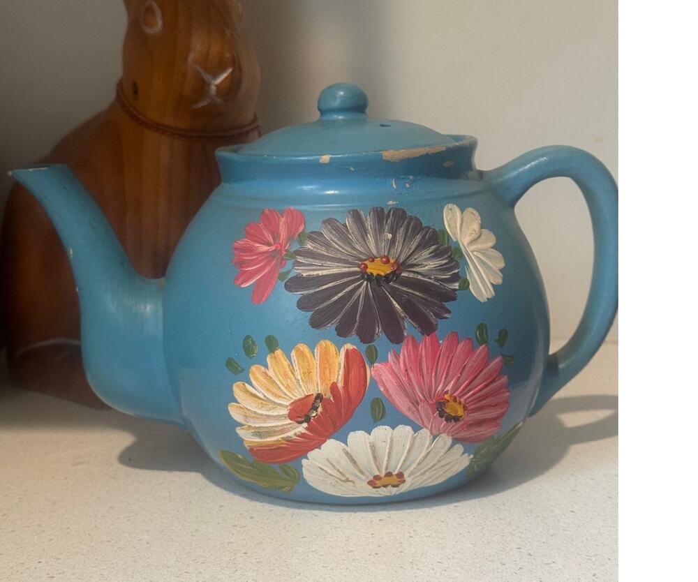 VTG 1940s Harper J Ransburg Pottery Teapot Blue Floral Hand Painted Stoneware